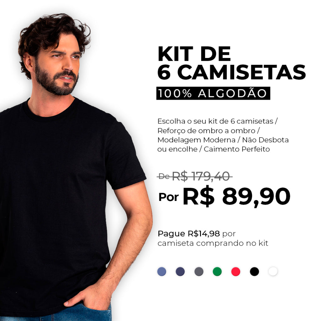 Kit 6 Camisetas Básicas Masculina 100% Algodão